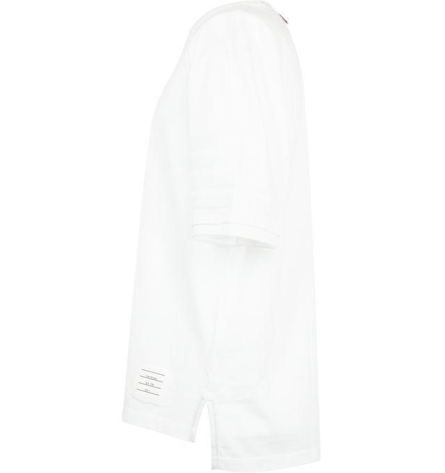 Image 3 of 3 - WHITE - Thom Browne Mens Jersey Ottoman 4-Bar T-Shirt is crafted from cotton jersey and features a rib-knit crew neckline, tonal ottoman-stitch 4-bar detailing at the sleeve, rib-knit cuffs, side vents with signature RWB grosgrain trim, a stepped hem, name tag appliqu, and the signature striped grosgrain loop tab. This designer cotton T-shirt combines a classic crewneck silhouette with iconic Thom Browne detailing for elevated everyday wear. Main Material: 100% Cotton; Combo 1: 87% Cotton, 12 