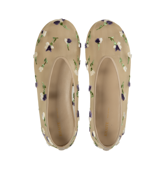 Image 4 of 4 - NEUTRAL - KHAITE Marcy Flat crafted in beige mesh with a tonally banded topline, high vamp, and dimensional purple floral embroidery. Featuring a sleek, rounded-toe and a 0.4 in heel. 70% polyamide, 20% viscose filament yarn, 10% lambskin.  Made in Italy. 