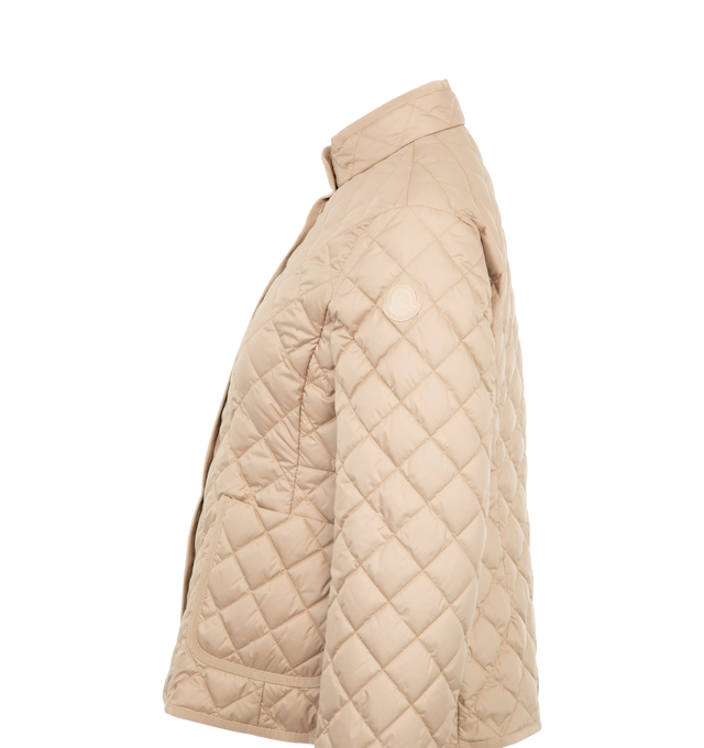 Image 3 of 3 - NEUTRAL - Moncler Epin Jacket has a stand collar, a front snap closure, patch pockets, grosgrain trim, and a cropped silhouette. Down and feather fill. 100% polyester. Made in Romania.  