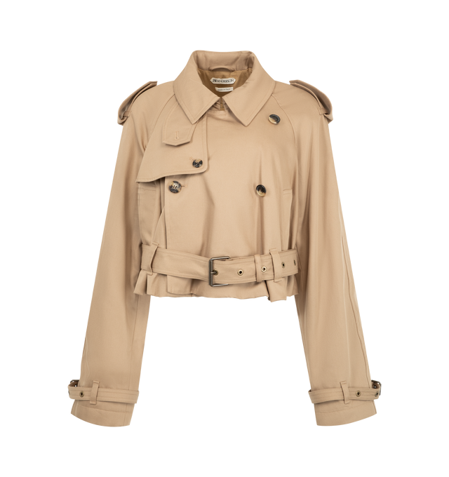 Image 1 of 3 - NEUTRAL - JW Anderson Women's Cropped Trench Coat is crafted from water-resistant cotton and features a cropped, boxy-fit silhouette that reinterprets the classic trench coat with a contemporary proportion. Designed with traditional trench details including a gun flap, throat latch, storm shield, self-fabric belt at the waist and cuffs, welt pockets, horn buttons, and a full cotton lining. Main Material: 100% Cotton. Lining: 100% Cotton. Made in Italy. 