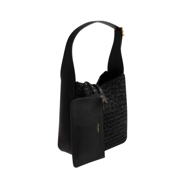 Image 2 of 3 - BLACK - SAINT LAURENT Le 5  7 Small Raffia Bag featuring leather tab closure decorated with the cassandre, supple construction, inner zip pocket, adjustable strap and bronze-toned hardware. 8.7" x 8.7" x 2.83.5". Strap drop: 9.1". Raffia, calfskin. Made in Italy. 