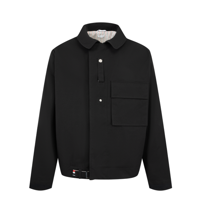Image 1 of 4 - BLACK - Thom Browne Mens Polytech Mariner Jacket is crafted from a hard finish polyester technical material. Features a button-front closure with signature RWB detailing,  flap chest pocket, cuffs, stepped hem, name tag appliqu, and signature striped grosgrain loop tab. Main Material: 100% Polyamide. Made in Italy. 