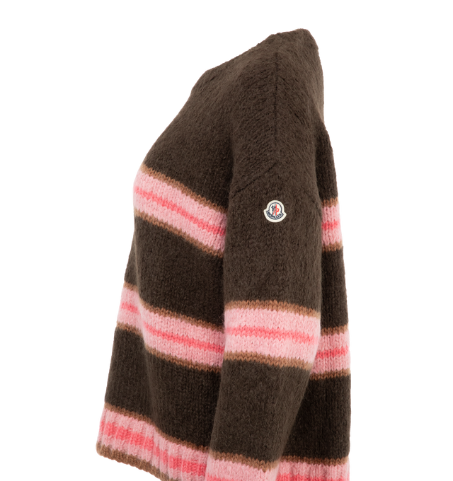 Image 3 of 3 - BROWN - MONCLER Striped Alpaca Blend Sweater featuring stockinette stitch, gauge 3, crew neck and striped motif. 78% alpaca, 14% polyamide/nylon, 8% wool. 50% mohair, 32% polyamide/nylon, 18% wool. 