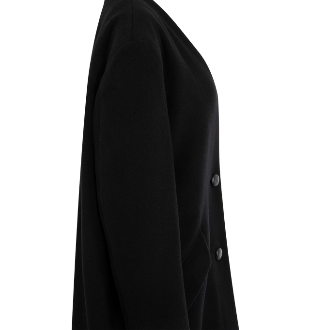 Image 3 of 3 - BLACK - ISABEL MARANT Florane Coat featuring long plain-colored wool blend coat, collarless, buttoned front, long sleeves, flap pockets, satin lining with "Isabel Marant" logos and straight cut. 75% wool, 25% polyamide 