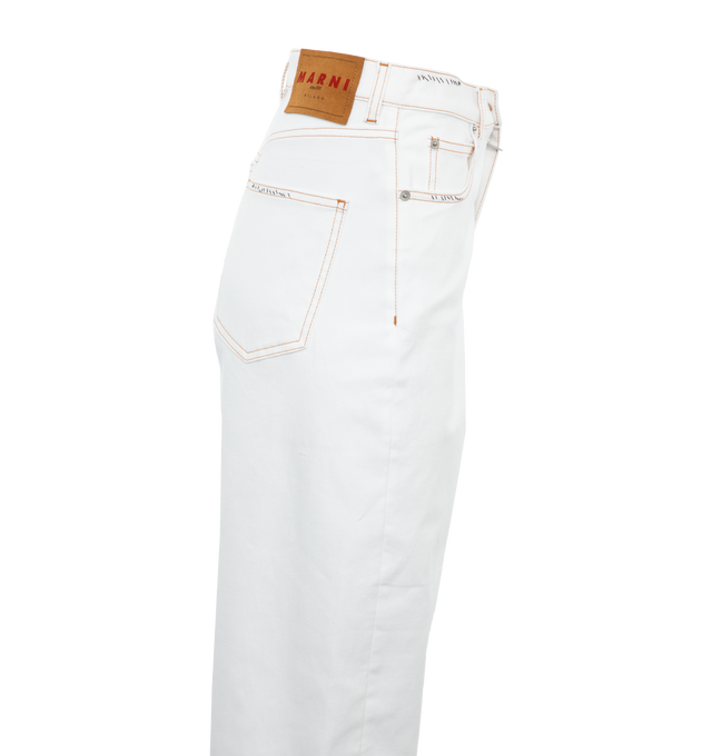 Image 3 of 4 - WHITE - Marni lightweight stretch cotton white denim trousers in a five-pocket style with regular rise and wide leg. Featuring button and fly closure, hand-stitched Marni mending logo and embellished with a cut-out flower patch. 98% Cotton Woven 2% Elastane-Spandex. Made in Italy. 