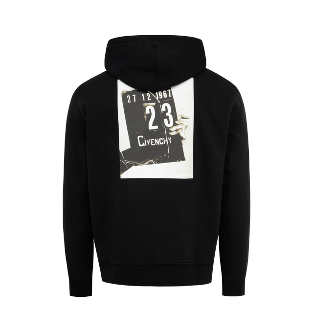 Image 2 of 2 - BLACK - GIVENCHY Couture Seam Hoodie featuring long-sleeves, hooded sweatshirt in fleece, small GIVENCHY Paris signature embroidered on the chest, clapperboard print on the back, drawstring on the hood with GIVENCHY end tips, one kangaroo pocket on the front, ribbed hem and cuffs, couture seams for a rounded proportion and relaxed fit. 100% cotton. 