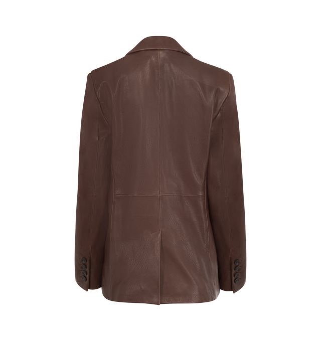 Image 2 of 2 - BROWN - NILI LOTAN Belmonde Leather Single-Breasted Jacket featuring peak lapels, single-breasted front, long sleeves, button cuffs, chest welt pocket, hip flap pockets, slim fit, hem falls below the hip and walking vent back. Lambskin leather. Made in USA. 