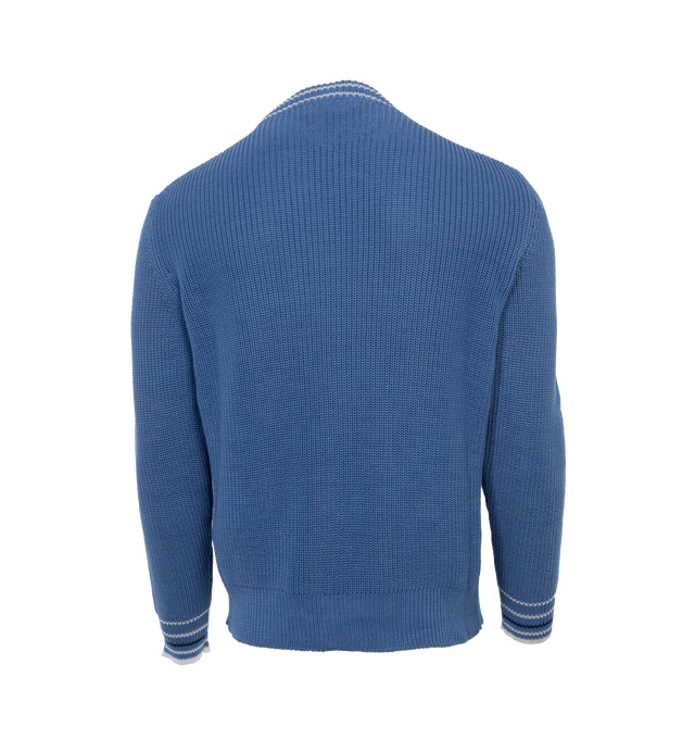 Image 2 of 3 - BLUE - MARNI Logo Sweater featuring knitted construction, crew neck, drop shoulder, long sleeves, embroidered logo to the front, contrast stitching, ribbed trim and straight hem. 100% cotton.  