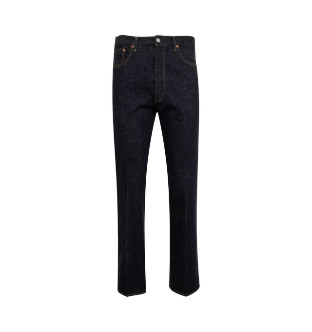 Image 1 of 3 - BLUE - KAPTAIN SUNSHINE Skate Shoecut Denim Pants featuring 13.5oz selvedge denim, regular fit, center creased, zipper fly, 5 pockets and one wash. 100% cotton.  