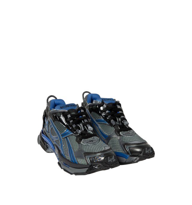 Image 2 of 5 - BLUE - Balenciaga Men's Runner Sneakers are crafted from a leather-free blend of polyurethane and polyester. Feature a worn-in finish, printed size at the toe, debossed size at the heel, printed Runner logo, embroidered logo at the tongue, logo at the back heel, pull tab, and a rubber, TPU, EVA, and polyurethane sole. Main Material: Upper: Polyurethane, Polyester; Sole: Rubber, TPU, EVA, Polyurethane; Insole: Foam. Made in China. 