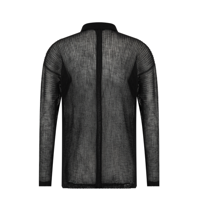 Image 2 of 2 - BLACK - Issey Miyake Mens Open-Collar Shirt is crafted from lightweight mesh fabric with a structured feel. Features an open collar, button-front closure, pleated construction, and a relaxed silhouette designed for layering. Main Material: 100% Polyester. Made in the Philippines. 