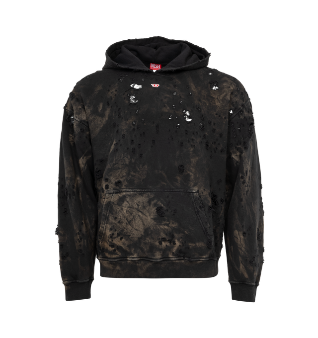 BLACK - DIESEL S-Boxt-Hood-N9 Hoodie featuring marbled pattern, classic hood, drop shoulder, long sleeves, logo patch to the front, distressed finish, single patch pocket and ribbed cuffs and hem. 100% cotton. 