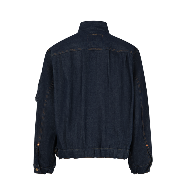 Image 2 of 5 - BLUE - Sacai X Levi's Men's Blouson Denim Jacket is crafted from a medium-dark wash cotton denim featuring a deconstructed denim design with a central zipper and utility pocket details on the sleeve. Main Material: 100% Cotton. Made in Japan. 