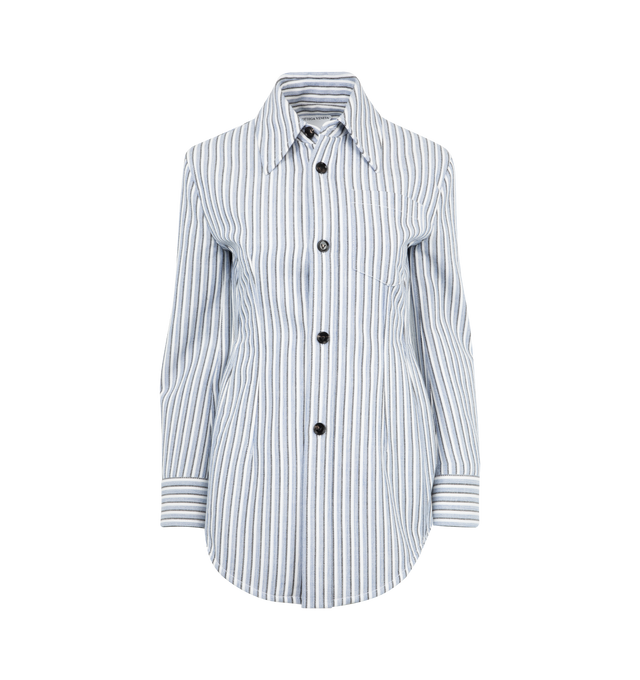 Image 1 of 2 - BLUE - BOTTEGA VENETA Structured Cotton Stripe Jacket featuring sculptural silhouette in lightweight structured cotton, button closure, half-lined and sculptural fit. 47% viscose, 47% cotton, 6% polyamide. Made in Italy. 