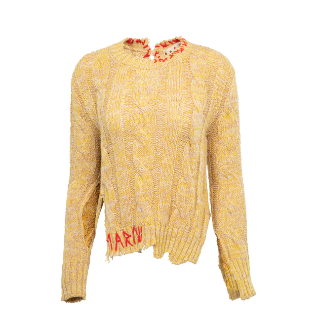 YELLOW - MARNI Roundneck Sweater featuring long sleeves, distressing throughout, rib knit crewneck, cropped hem, and cuffs, hand-stitched logo at hem and dropped shoulders. 66% cotton knit, 34% wool.