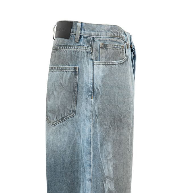 Image 3 of 3 - BLUE - NAHMIAS Thrashed Baggy 5 Pocket Shorts featuring five pocket styling, baggy fit, button closure, belt loops and distressing throughout. 100% cotton.  