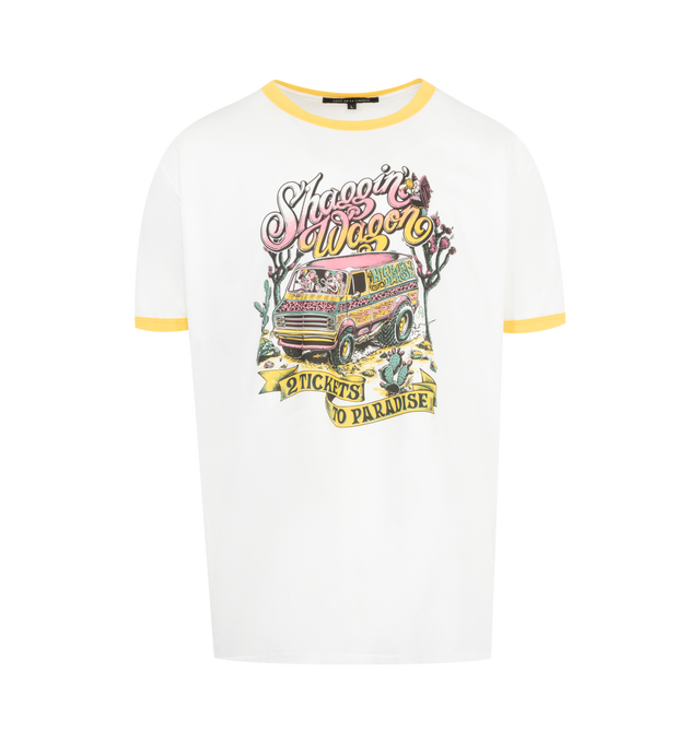 Image 1 of 2 - WHITE - COUT DE LA LIBERTE Freddie Shaggin Wagon T-Shirt featuring graphic on front, crew neckline, short sleeves, contrast trim on collar and cuffs, pullover style and relaxed fit. 100% cotton. Made in USA. 