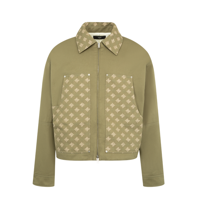 Image 1 of 3 - GREEN - Amiri Mens MA Quad Jacquard Work Jacket is crafted from a custom-woven cotton and virgin wool jacquard. Features front patch panels, side tabs, button cuffs, double-zip closure, and signature MA Quad monogram. Material: 100% Cotton. Made in Italy. 
