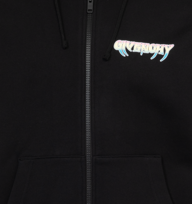 Image 4 of 4 - BLACK - GIVENCHY BOXY FIT HOODIE featuring logo print to the front, graphic print on back, classic hood, front zip fastening, long sleeves, side pouch pockets and straight hem. 100% cotton. 
