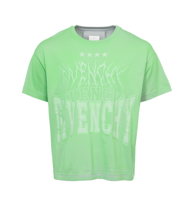 GREEN - GIVENCHY Boxy Fit T-Shirt featuring short-sleeves, crew neck, Givenchy signature and lightning artwork printed on the front, small 4G emblem printed on the lower back and boxy fit. 100% cotton. Made in Portugal.