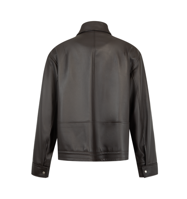 Image 3 of 4 - BROWN - Loewe Men's Drawstring Leather Jacket is crafted from lightweight nappa lambskin and features an adjustable drawstring hem. Designed with a relaxed fit and regular length, it is finished with a classic collar, concealed snap-button and zip-front fastening, snap-button cuffs, buttoned welt pockets, inside welt pockets, and a debossed Double L detail at the chest. Main Material: Nappa lambskin. Fully lined. Made in Spain. 