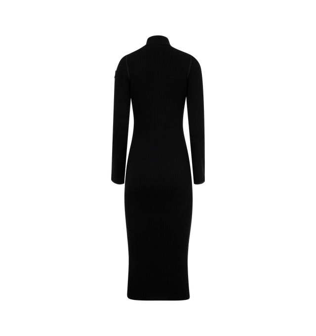 Image 2 of 3 - BLACK - MONCLER Ribbed Knit Long-Sleeve Sweater Dress featuring mock neckline, half-zip front, long sleeves, split cuffs, tonal logo patch at left sleeve, hem falls below the knee, body-skimming fit and slipover style. Viscose/polyester. 