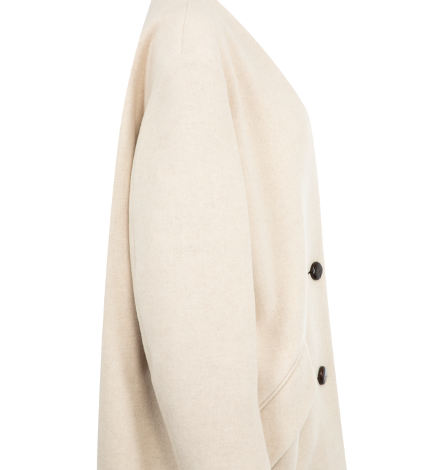 Image 3 of 3 - WHITE - ISABEL MARANT Florane Coat featuring long plain-colored wool blend coat, collarless, buttoned front, long sleeves, flap pockets, satin lining with "Isabel Marant" logos and straight cut. 75% wool, 25% polyamide 