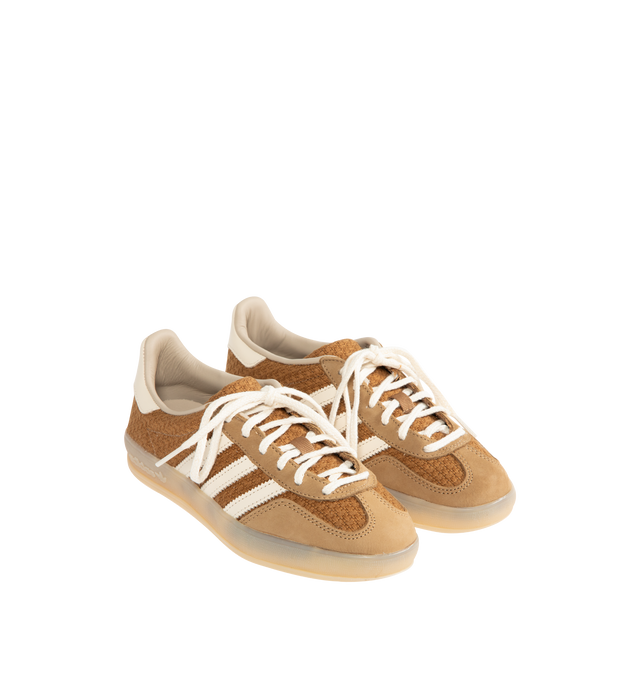Image 2 of 5 - BROWN - ADIDAS Gazelle Indoor Sneaker featuring cotton-weave upper with butter-soft nubuck overlays, regular fit, 3 stripes on side, lace closure, leather and textile lining and semi-transparent rubber outsole. 