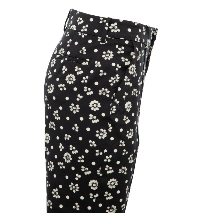 Image 3 of 4 - BLACK - Rosie Assoulin Oboe pants in floral and polka dot motif in a skinny fit,  cropped length, and high rise featuring side slip pockets, back welt pockets, tab and zip fly closure with belt loops. Cotton/polyester/elastane blend. Made in USA. 