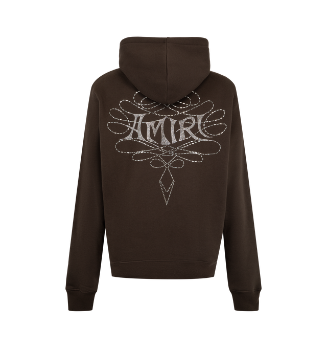 Image 2 of 2 - BROWN - Amiri Men's Lasso Embroidered Hoodie is crafted from premium cotton and features a relaxed silhouette with an adjustable drawstring hood, ribbed trims, kangaroo pocket, and signature Lasso embroidery for a refined Western-inspired finish. This designer hoodie combines exceptional everyday comfort with Amiri's distinctive luxury streetwear aesthetic, creating an elevated layering essential. Main Material: 100% Cotton. 