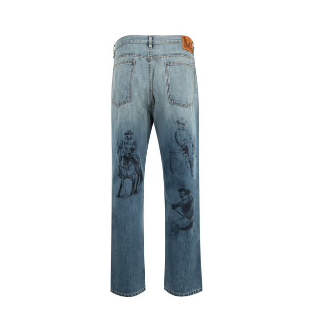 Image 2 of 3 - BLUE - One of These Days Better Days Straight Leg Jeans are a 5-pocket style with digitally printed artwork, a debossed suede patch, and reinforced belt loops. 100% cotton.  