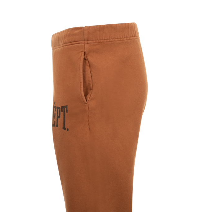 Image 5 of 6 - BROWN - Gallery Dept. flared fleece cotton sweatpants with denim accents. Featuring a bold FRENCH logotype, elastic waistband, inner drawstring, and side pockets. Made in in Los Angeles, CA. Material: 100% Cotton. 