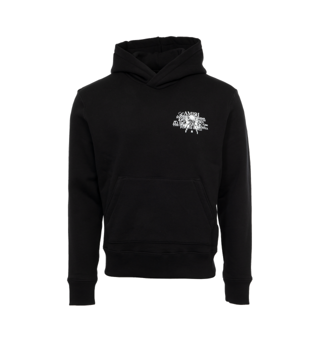 BLACK - AMIRI Cherub Text Hoodie featuring non-detachable hood, ribbed cuffs and hem, printed logo on front and back and kangaroo pocket. 100% cotton. Made in the USA.