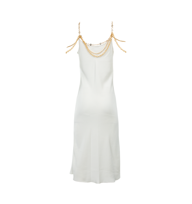 Image 2 of 2 - WHITE - RABANNE Chain-Detailed Mini Dress featuring two chain-link shoulder straps, cowl neck, sleeveless, below-knee length and straight hem. 100% polyester. 