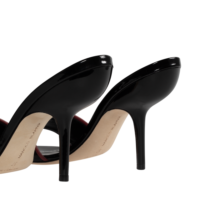 Image 3 of 4 - BLACK - MANOLO BLAHNIK Helamu Mules featuring patent leather, open toe, toe strap with red lamb nappa edging and angular stiletto high heel. 95% calf patent, 5% lamb nappa. Sole: 100% calf leather. Lining: 100% kid leather. 105MM. Made in Italy. 