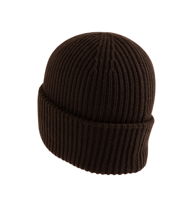 Image 2 of 2 - BROWN - MONCLER Beanie featuring a wool and cashmere blend, brioche stitch, gauge 3 and a felt logo patch. 70% virgin wool, 30% cashmere. Made in Italy. 