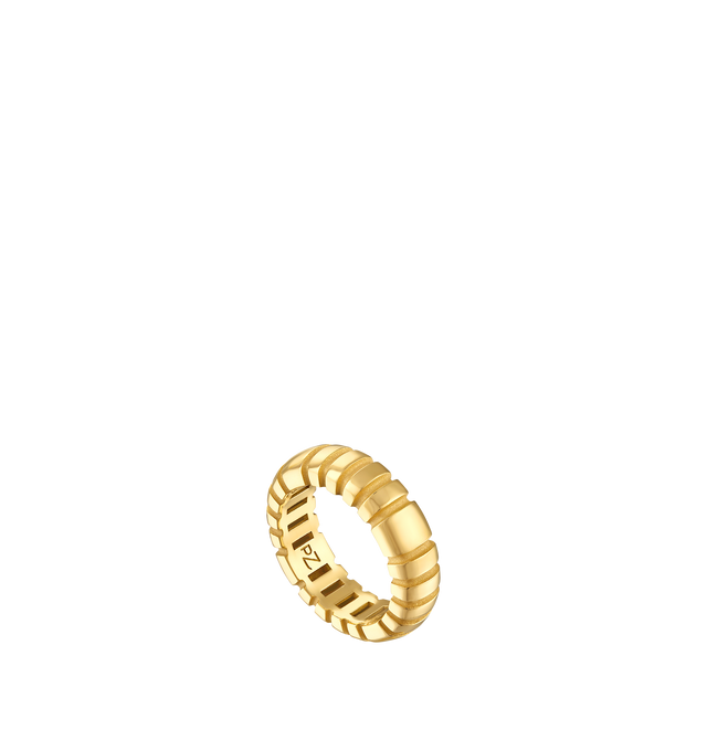 Image 2 of 5 - GOLD - Pamela Zamore Orla small ridge band ring finely crafted in Rhode Island from hand-finished 18k gold.  A linear pattern of golden ridges enwrap the powerful, elegant lines of Orla. Named after the Irish word for golden princess, the Orla pieces were designed to reign for years to come. Hirshleifers offers a range of pieces from this collection in-store. For personal consultation and detailed information about jewelry, please contact our dedicated stylist team at personalshopping@hirshle 