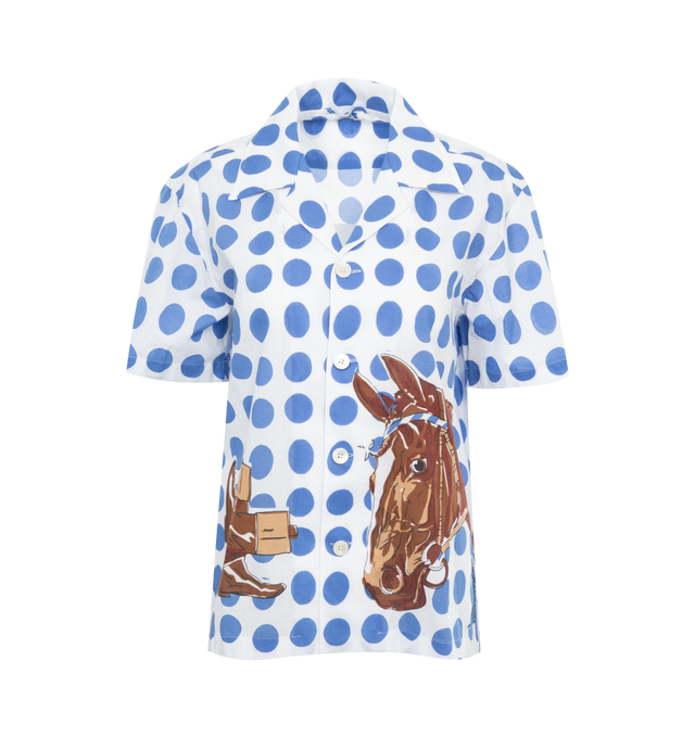 BLUE - BODE Jockey Dot Shirt featuring polka dot pattern printed throughout, open spread collar, button closure and graphics printed at front. 100% cotton. Made in India.