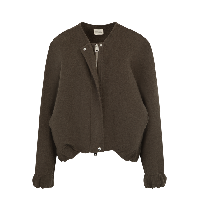 Image 2 of 4 - BROWN - Khaite Women's Cordan Jacket is crafted from double-face wool and features a cropped, relaxed bomber silhouette with signature armhole seaming, architectural topstitching, and softly rounded volume. Elasticated panels at the hem and cuffs, in-seam side pockets, and a front zip closure complete this designer wool jacket, combining exceptional craftsmanship with modern, sculptural tailoring for effortless everyday layering. Main Material: 100% Double-Face Wool. 