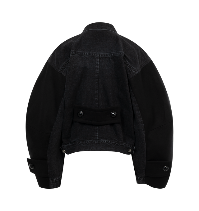 Image 2 of 2 - BLACK - SACAI Denim x Wool Melton Jacket featuring button front closure, collar, front pockets with button flaps, paneled wool sleeves and back adjuster. 100% cotton. 100% wool. Lining: 100% cupro. 