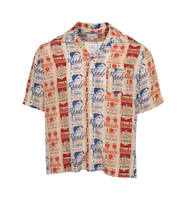 Image 1 of 2 - MULTI - RHUDE Voyage De Rhude Shirt featuring logo graphic pattern printed throughout, open spread collar, button closure, patch pocket at chest and tennis-tail hem. 100% silk. Made in United States. 
