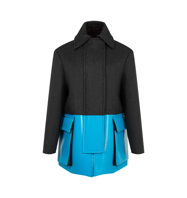 Image 1 of 4 - BLUE - Loewe Women's Coat in Wool is crafted from medium-weight wool and features a foil-printed contrast hem with a detachable trompe loeil wool knit flap. Designed with a refined silhouette, the coat combines elevated craftsmanship with distinctive textural details for a modern interpretation of outerwear. Main Material: 73% wool 16% polyurethane 11% polyster.  