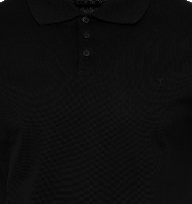 Image 3 of 3 - BLACK - SAINT LAURENT Polo Shirt featuring tonal embroidered cassandre on the chest, three button placket at the neck, flat knit polo collar and cuffs. 100% cotton. Made in Italy. 