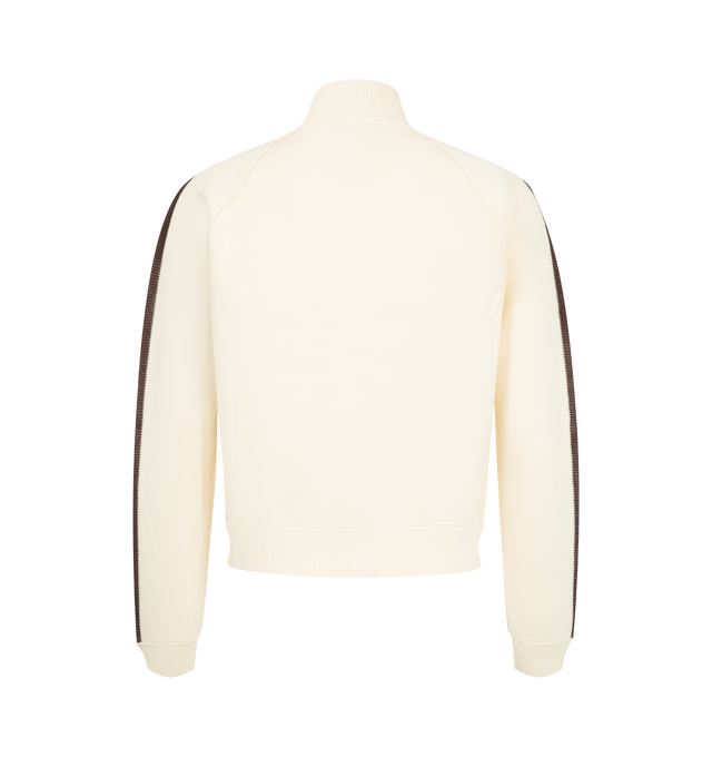 Image 2 of 3 - NEUTRAL - Wales Bonner Men's Tide Track Top is crafted from a viscose-poly knit and features the brand's signature track jacket silhouette in an ivory colorway. Detailed with crochet stripe accents along the sleeves, this refined sportswear style is finished with a double-zip front closure and a stand collar for versatile styling. 80% Viscose, 20% Polyester.  