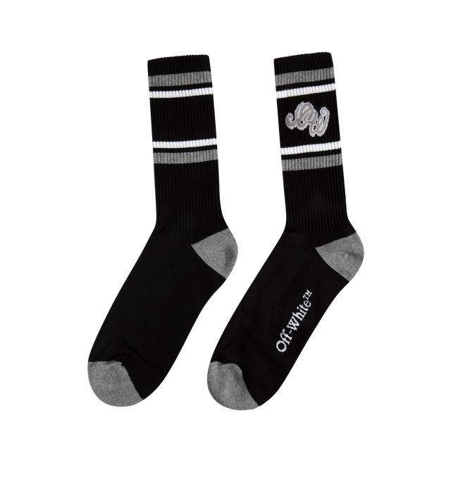 Image 2 of 2 - BLACK - OFF-WHITE Mid Calf Socks featuring mid-height, ribbed, stripes and logos on the cuff and the sole. 68% cotton, 29% polyamide, 3% elastane. 