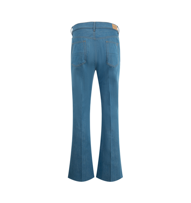 Image 2 of 3 - BLUE - Amiri Creased Flare Pants are a high-rise style with flared legs, side pockets, button-back pockets, and creased legs. Made in Italy.  