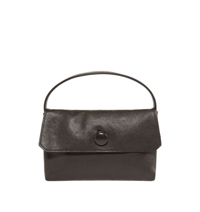 Image 1 of 3 - BROWN - The Row Sally Bag is crafted from waxed calfskin leather and features a compact top-handle silhouette with a flat handle, a flap closure, and a leather-covered button for a clean, minimalist finish. This designer leather handbag combines exceptional Italian craftsmanship with timeless elegance, making it an effortless choice for carrying everyday essentials. Main Material: 100% Calfskin Leather. Lining: 100% Lambskin Leather. Dimensions: 7.1 x 4.7 x 1.2 in. Made in Italy 