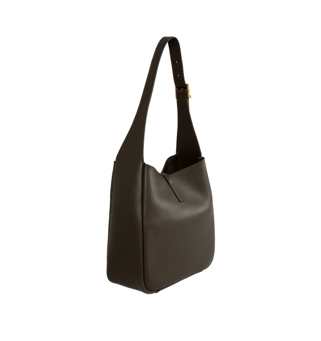 Image 2 of 3 - BROWN - SAINT LAURENT  Le A 7 soft small shoulder bag has a metal Cassandre hook closure, bronze-tone hardware, and interior zip pocket. Suede lining. 100% calfskin leather. Dimensions: 9 X 8.7 X 3.5 inches.  Made in Italy.  