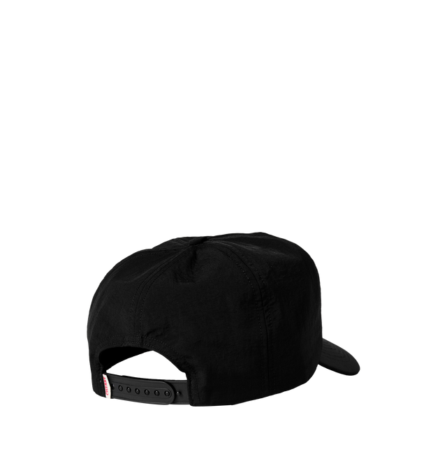 Image 2 of 7 - BLACK - Cherry LA Men's Legends 5 Panel Hat is crafted from nylon and features a classic five-panel silhouette with embroidered detailing at the front. Designed with a branded flag tab at the back and an adjustable plastic snap closure, this everyday accessory combines lightweight construction with signature Cherry LA styling. Main Material: Nylon. Fit: Adjustable. Closure: Plastic Snapback Closure. Details: Front Embroidery, Branded Flag Tab. Made in Los Angeles, California. 