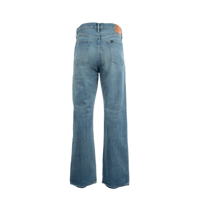 Image 2 of 3 - BLUE - CHIMALA Selvedge Denim Straight Cut Jeans featuring Japanese selvedge denim, a deep rise, button fly, 5 pocket design, and contrasting stitching. 100% cotton. 